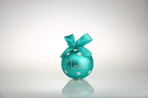 bombka z dedykacją i kokardą turkusowa 10cm