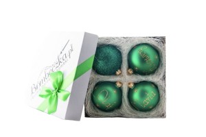 Trzy bombki z imieniem / dedykacją w zestawie 4-sztukowym prezentowym zielone 8 cm / 10 cm - z brokatówką